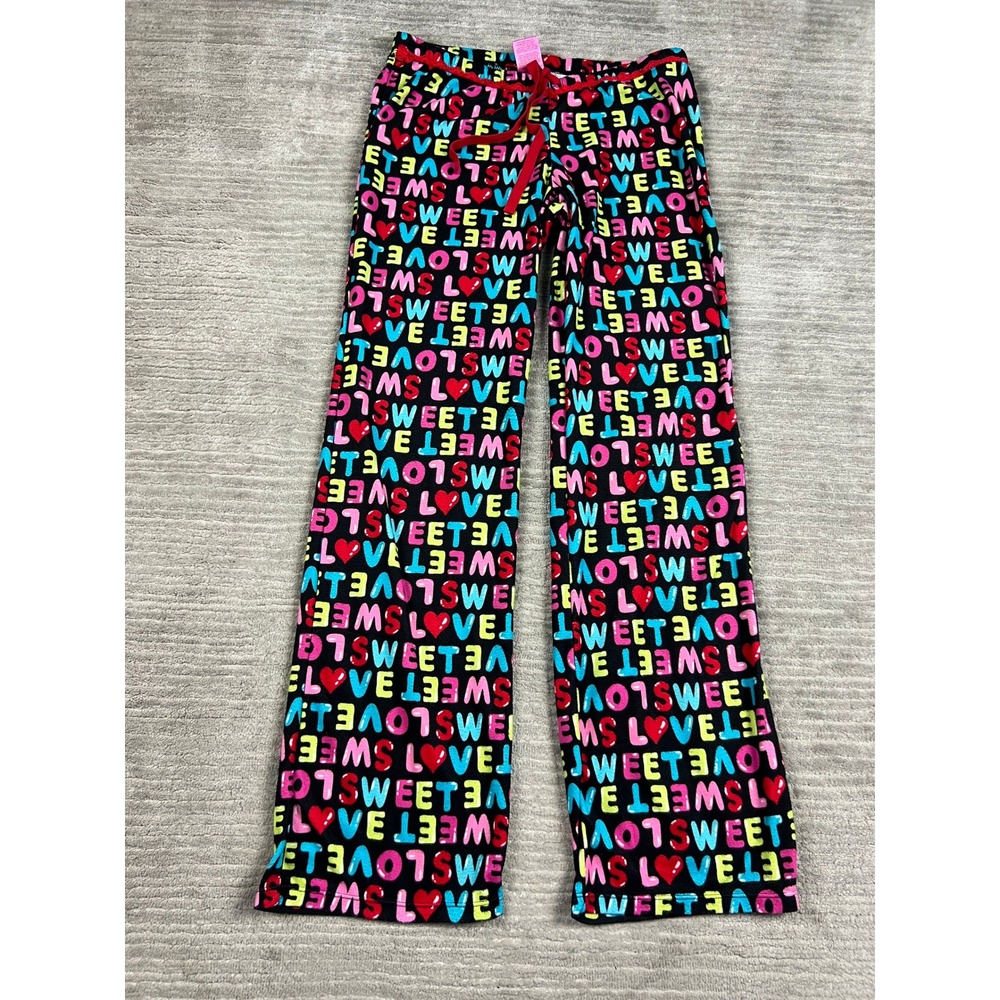 Fruit of the Loom‎ Pajama Pants Women M Black Love Sweet Heart Fleece Drawstring